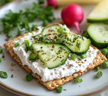 Crispbread is topped with creamy cheese, cucumber slices, and fresh herbs, complemented by radishes and lemon wedges, creating a healthy and vibrant meal.の素材