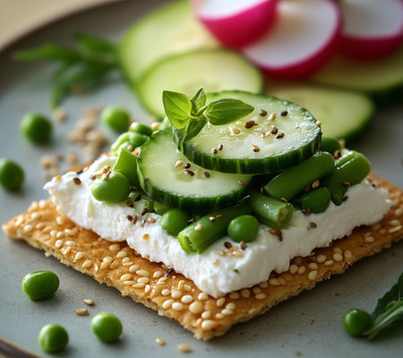 A delicious savory snack layers of fresh cucumbers, green peas, and herbs atop a sesame cracker. Slices of radish and cucumbers accompany the dish, providing vibrant colors.の素材