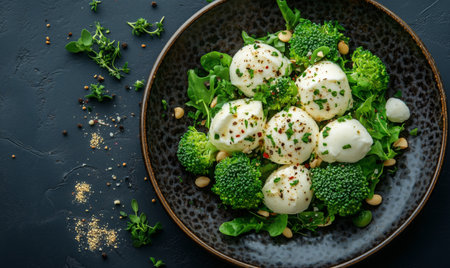 A vibrant salad featuring creamy mozzarella balls and fresh broccoli on a bed of greens, garnished with nuts and herbs, served on a dark plate.の素材