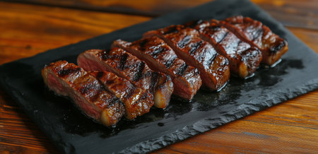 Juicy slices of grilled steak are arranged neatly on a black stone plate, showcasing a perfectly cooked exterior and inviting aroma, ideal for a casual dining setting.の素材