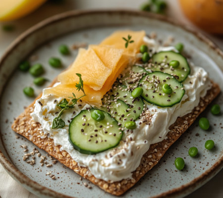 Cream cheese spread on a crispbread topped with fresh cucumber slices, green peas, and sweet fruit in a pleasant kitchen setting. Perfect for a nutritious snack.の素材