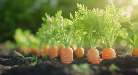 Rows of vibrant orange carrots peek out from rich dark soil, surrounded by lush green foliage under the warm glow of the afternoon sun in a thriving garden.の素材