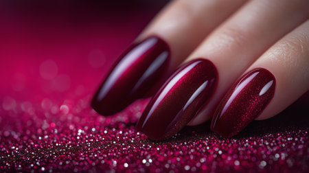 A hand displays beautifully manicured long red nails that shine brightly. The vibrancy of the nails contrasts with the shimmering glittery surface, creating an eye-catching look.の素材