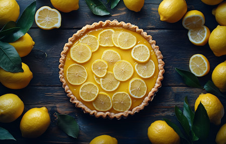 A lemon tart topped with fresh lemon slices sits in the center of a rustic wooden table, surrounded by vibrant lemons and green leaves, creating a fresh and inviting atmosphere.の素材