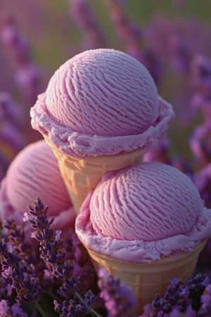 Three cones of lavender ice cream stacked together surrounded by vibrant purple lavender flowers at sunset, creating a serene and delightful atmosphere.の素材