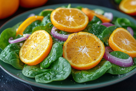 A vibrant spinach salad features slices of fresh oranges and red onions atop a bed of greens. The dish is garnished with black pepper, highlighting its freshness.の素材