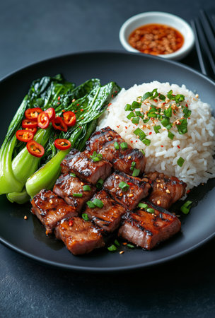 Grilled pork cubes marinated in a savory sauce served with steamed rice, sauted greens, and sliced chili for a flavorful meal, perfect for lunch or dinner.の素材