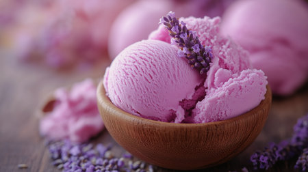 Creamy lavender ice cream is presented in a rustic wooden bowl, adorned with sprigs of fresh lavender. The soft pink color contrasts beautifully with the earthy tones of the bowl.の素材