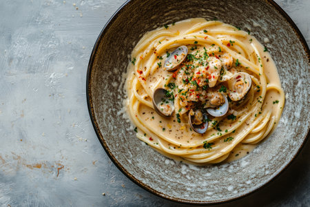 A delicious features dish linguine pasta with creamy sauce and fresh clams garnished with herbs, served in a rustic bowl on a textured background.の素材