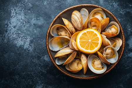 A beautiful arrangement of freshly steamed clams is presented on a rustic plate, accompanied by a golden lemon slice in the center, inviting for a delicious meal.の素材