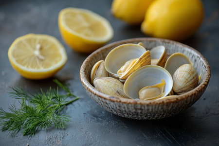 Fresh clams are arranged in a rustic bowl alongside sliced lemons. Green herbs add color, enhancing the appeal of a seafood preparation ready to serve.の素材