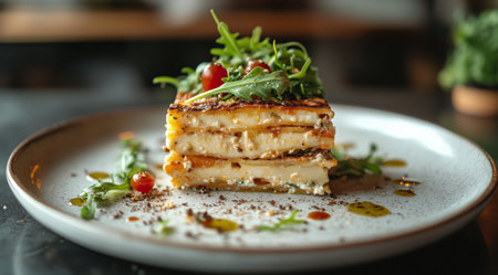 A beautifully arranged dish features layers of grilled vegetables topped with fresh herbs and cherry tomatoes. The plate is elegantly garnished, emphasizing the vibrant colors.の素材