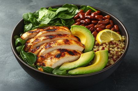 Hearty salad featuring grilled chicken slices, quinoa, fresh spinach, and creamy avocado slices arranged beautifully in a bowl.の素材