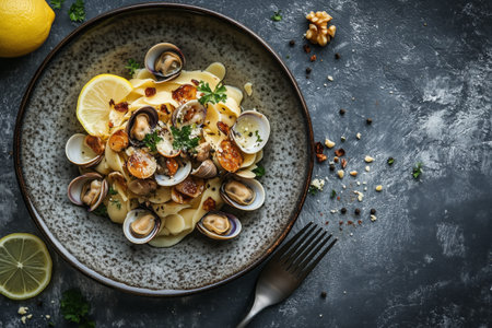 A flavorful pasta dish featuring clams and lemon slices garnished with herbs sits on a dark plate. Crushed walnuts and spices are spread artistically on the table.の素材
