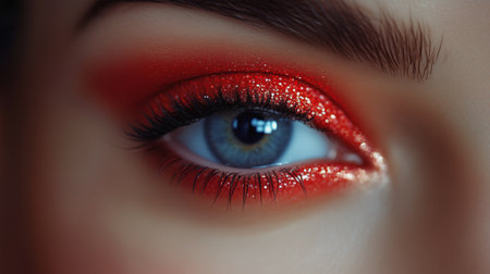 Close-up of a striking blue eye adorned with vibrant red glittery eyeshadow, showing a bold makeup look that emphasizes beauty and creativity.の素材