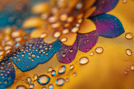 Vivid colors blend in swirling patterns, creating an abstract design. Tiny droplets add depth, reflecting light and enhancing the overall visual appeal of the artwork.の素材