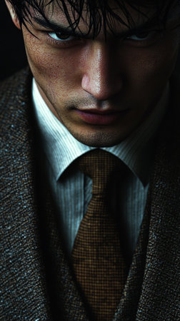 A man in a tailored suit and tie stands poised with a serious expression. His face is partially shadowed, emphasizing his sharp features and the rich texture of his outfit.の素材