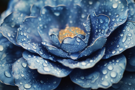A stunning blue flower displays its rich, textured petals adorned with glistening water droplets, highlighting its vibrant colors. This mesmerizing bloom captures nature's beauty.の素材