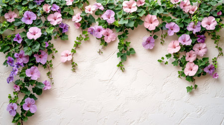 This display showcases delicate purple flowers and lush green leaves, creating a charming border on a light textured wall, ideal for nature-themed designs.の素材