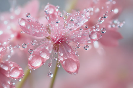 Delicate pink petals glisten with water droplets, showing vibrant beauty. The soft background enhances the flowers charm, creating a serene natural atmosphere.の素材
