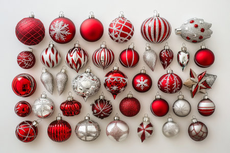 A vibrant collection of red and silver Christmas ornaments is arranged neatly on a white surface.の素材