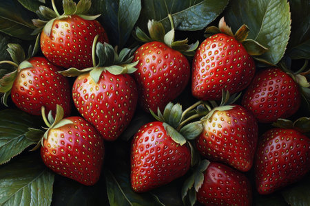 Bright red strawberries are clustered together with lush green leaves surrounding them, showing their freshness and inviting appearance ideal for tasting or cooking.の素材