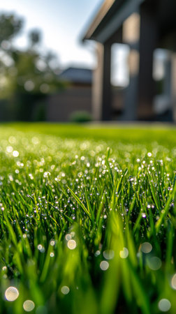 Lush green grass stands tall, glistening with droplets of dew under gentle sunlight in a peaceful garden. Nature flourishes, showcasing vibrant life and tranquility.の素材