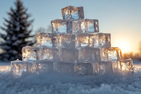 A pyramid made of clear ice blocks glows beautifully with sunlight during sunset, set against a snowy background and evergreen trees.の素材