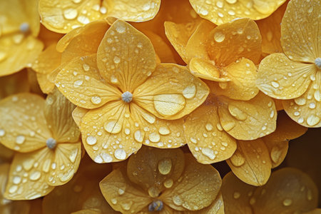 Bright yellow flowers with delicate petals collect raindrops, showcasing their beauty in a vibrant garden. The setting reflects a fresh and lively spring atmosphere.の素材