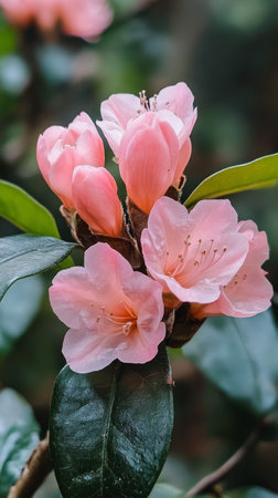 Clusters of bright pink flowers bloom on a slender branch, showcasing delicate structures and vivid colors against a blurred natural background during the golden hour.の素材