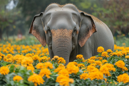 A majestic elephant stands gracefully amidst a lush field filled with bright yellow flowers. The natural beauty of the surroundings enhances the serene atmosphere of the scene.の素材
