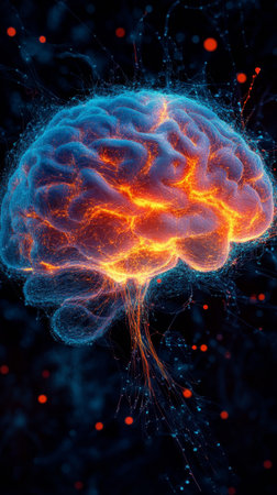 A visually striking depiction of a brain illuminated with bright orange and blue hues, highlighting intricate neural connections set against a dark background.の素材