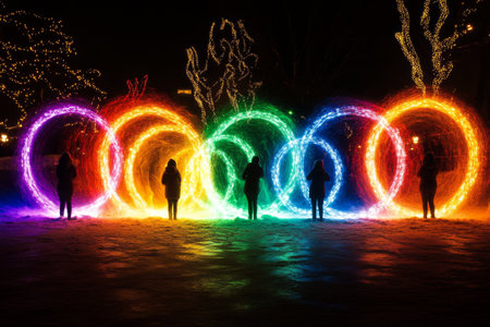 People gather in a park at night, creating vibrant light trails with sparklers. The display features colors forming circles against a backdrop of dazzling decorations.の素材