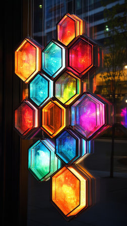 Brightly lit hexagonal tiles line a walkway, casting colorful reflections in the dark, creating an inviting and modern atmosphere during nighttime.の素材