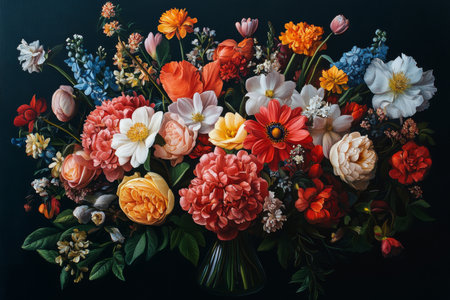 A stunning display of colorful flowers fills a vase with blossoms in shades of pink, orange, white, and blue.の素材
