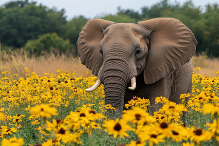 A majestic elephant stands gracefully amidst a lush field filled with bright yellow flowers. The natural beauty of the surroundings enhances the serene atmosphere of the scene.の素材
