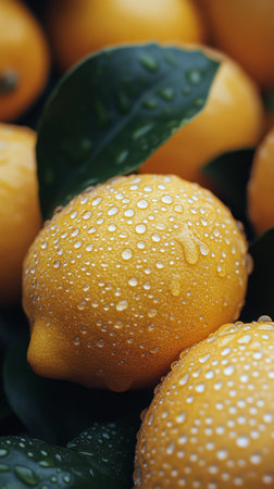 Yellow lemons with water droplets rest amidst green leaves in an orchard. The fresh fruit appears vibrant and ready for harvest, capturing the natural beauty of citrus.の素材