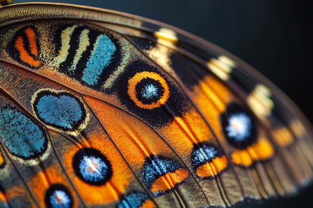 Close-up of a butterfly wing highlighting stunning colors and intricate designs, revealing the beauty of nature and intricate patterns found in the insect world.の素材