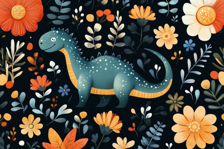 A whimsical display of dinosaurs set among colorful flowers. The scene features various dinosaur species surrounded by lively blooms in rich hues, creating an enchanting atmosphere.の素材