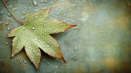 A fresh green maple leaf rests on a textured stone surface, adorned with droplets of rain. The natural beauty reflects the essence of autumn and seasonal change.の素材