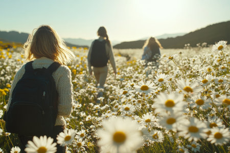 Three hikers wander through a lush meadow adorned with vibrant daisies, surrounded by mountains under a warm sunset glow.の素材