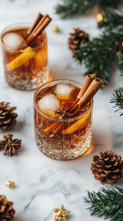 Two glasses of a warm spiced drink are garnished with cinnamon sticks and ice, surrounded by pinecones and holiday decorations, creating a cozy winter atmosphere.の素材