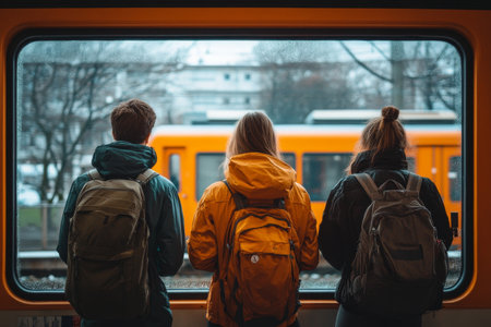 Three friends stand at a subway station, gazing out the window as a train zooms by. Rainy weather adds a nostalgic mood to their wait for the next train.の素材