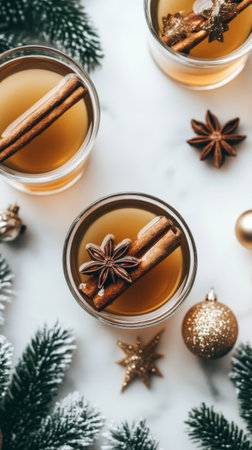 Two glasses of a warm spiced drink are garnished with cinnamon sticks and ice, surrounded by pinecones and holiday decorations, creating a cozy winter atmosphere.の素材
