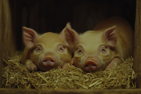 Two playful pigs lie on a haystack in a farm setting, enjoying a calm day under a gray sky. Their curious expressions add charm to the rustic scene of farm life.の素材