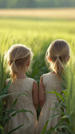 Two young girls stand closely together, facing an expansive field of tall grass as the warm sunlight casts a gentle glow around them. They share a peaceful moment during sunset.の素材