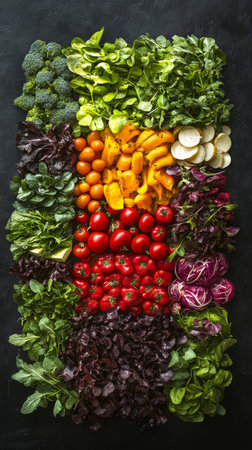 A vibrant display of various fruits and vegetables showcases an array of colors and textures.の素材