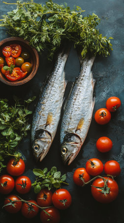 Two whole fish are placed on a dark surface surrounded by vibrant tomatoes, fresh herbs, and a bowl of spices, creating a colorful and appetizing arrangement.の素材