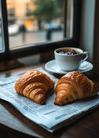 Two warm, flaky croissants sit on a newspaper next to a steaming cup of coffee, creating a cozy atmosphere by the window during a sunny morning.の素材