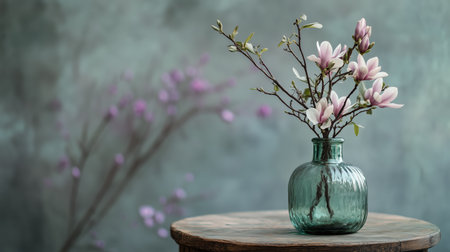 Fresh magnolia branches with soft pink flowers are arranged in a vintage green vase on a rustic wooden table, set against a blurred background of soft purple blooms.の素材